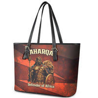 Taharqa Leather Tote Bag with Warrior Portrait, Lion of Kush Title and Bold Red Defender of Africa - Wonder Print Shop
