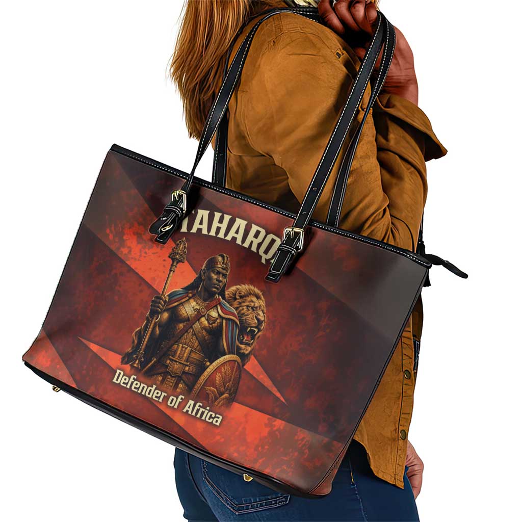 Taharqa Leather Tote Bag with Warrior Portrait, Lion of Kush Title and Bold Red Defender of Africa - Wonder Print Shop