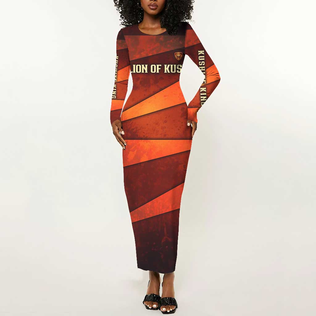 Taharqa Long Sleeve Bodycon Dress with Warrior Portrait, Lion of Kush Title and Bold Red Defender of Africa - Wonder Print Shop
