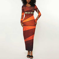 Taharqa Long Sleeve Bodycon Dress with Warrior Portrait, Lion of Kush Title and Bold Red Defender of Africa - Wonder Print Shop