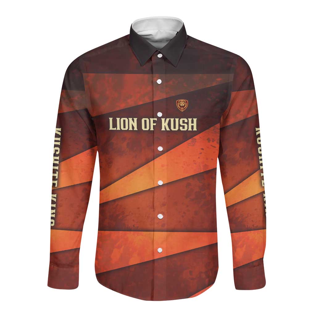 Taharqa Long Sleeve Button Shirt with Warrior Portrait, Lion of Kush Title and Bold Red Defender of Africa - Wonder Print Shop