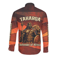 Taharqa Long Sleeve Button Shirt with Warrior Portrait, Lion of Kush Title and Bold Red Defender of Africa - Wonder Print Shop