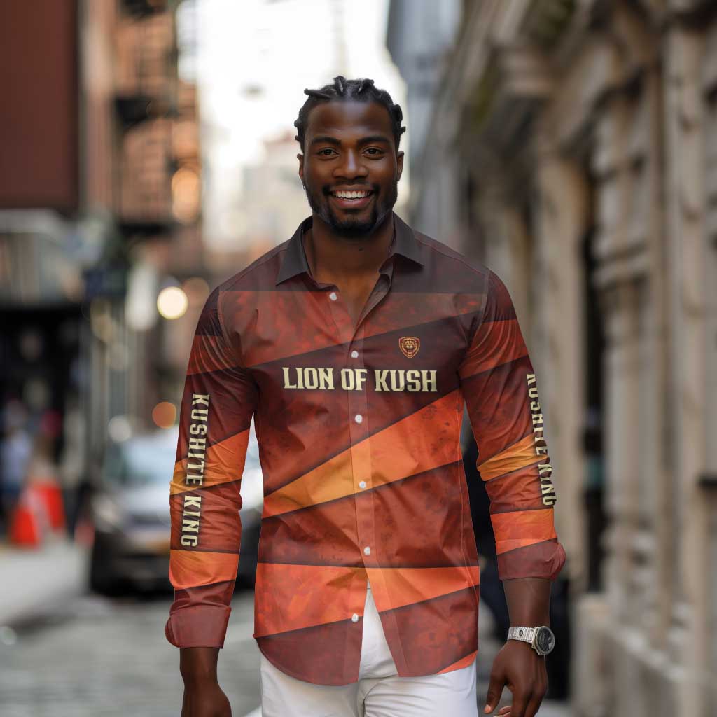 Taharqa Long Sleeve Button Shirt with Warrior Portrait, Lion of Kush Title and Bold Red Defender of Africa - Wonder Print Shop