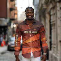 Taharqa Long Sleeve Button Shirt with Warrior Portrait, Lion of Kush Title and Bold Red Defender of Africa - Wonder Print Shop