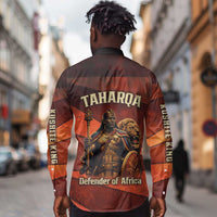 Taharqa Long Sleeve Button Shirt with Warrior Portrait, Lion of Kush Title and Bold Red Defender of Africa - Wonder Print Shop