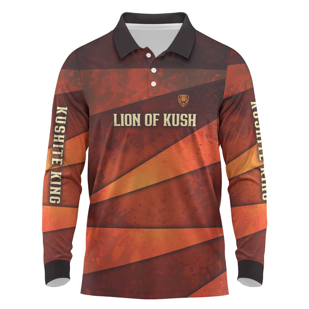 Taharqa Long Sleeve Polo Shirt with Warrior Portrait, Lion of Kush Title and Bold Red Defender of Africa - Wonder Print Shop