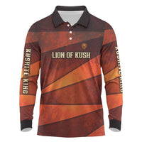Taharqa Long Sleeve Polo Shirt with Warrior Portrait, Lion of Kush Title and Bold Red Defender of Africa - Wonder Print Shop