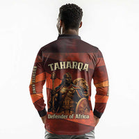 Taharqa Long Sleeve Polo Shirt with Warrior Portrait, Lion of Kush Title and Bold Red Defender of Africa - Wonder Print Shop