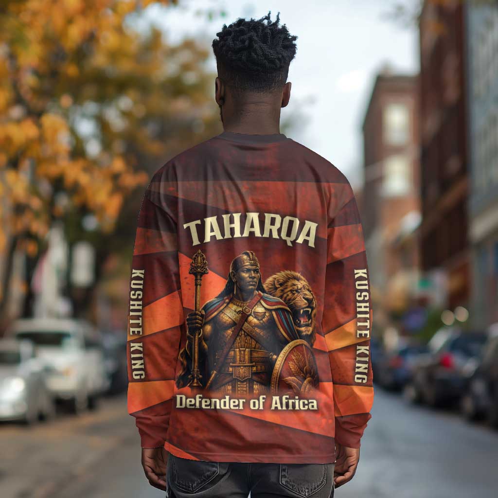 Taharqa Long Sleeve Shirt with Warrior Portrait, Lion of Kush Title and Bold Red Defender of Africa - Wonder Print Shop