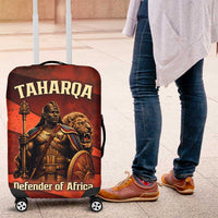 Taharqa Luggage Cover with Warrior Portrait, Lion of Kush Title and Bold Red Defender of Africa - Wonder Print Shop