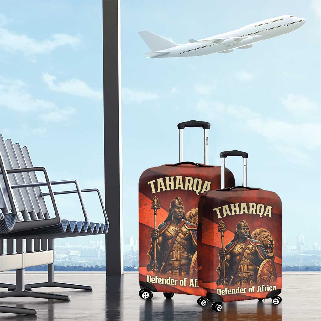 Taharqa Luggage Cover with Warrior Portrait, Lion of Kush Title and Bold Red Defender of Africa - Wonder Print Shop
