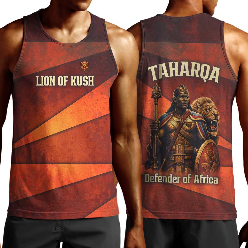 Taharqa Men Tank Top with Warrior Portrait, Lion of Kush Title and Bold Red Defender of Africa - Wonder Print Shop