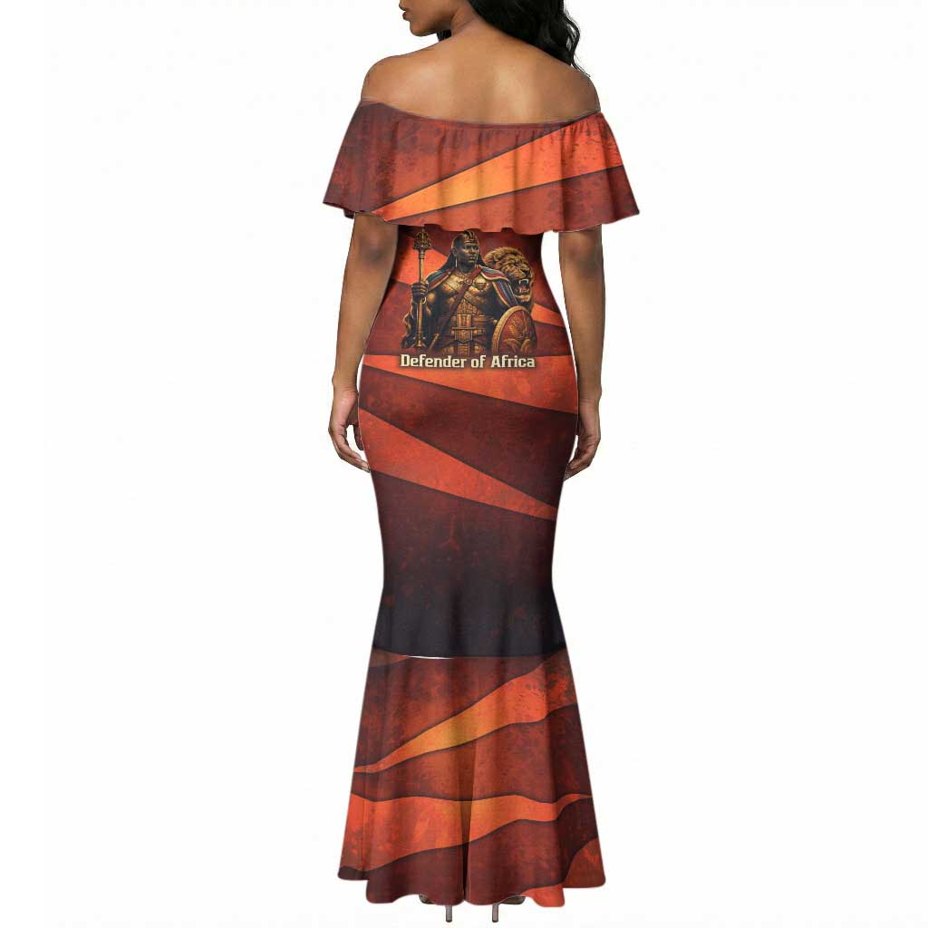Taharqa Mermaid Dress with Warrior Portrait, Lion of Kush Title and Bold Red Defender of Africa - Wonder Print Shop