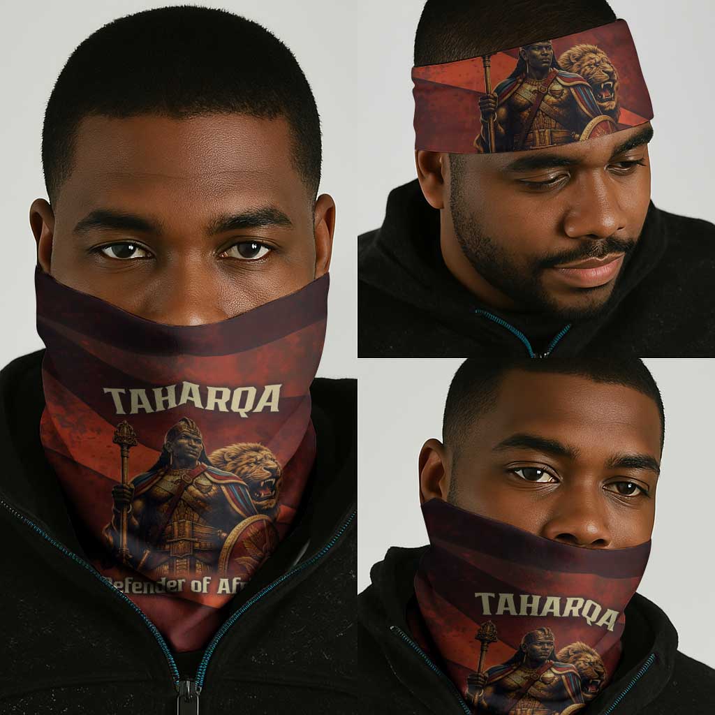 Taharqa Neck Gaiter with Warrior Portrait, Lion of Kush Title and Bold Red Defender of Africa - Wonder Print Shop