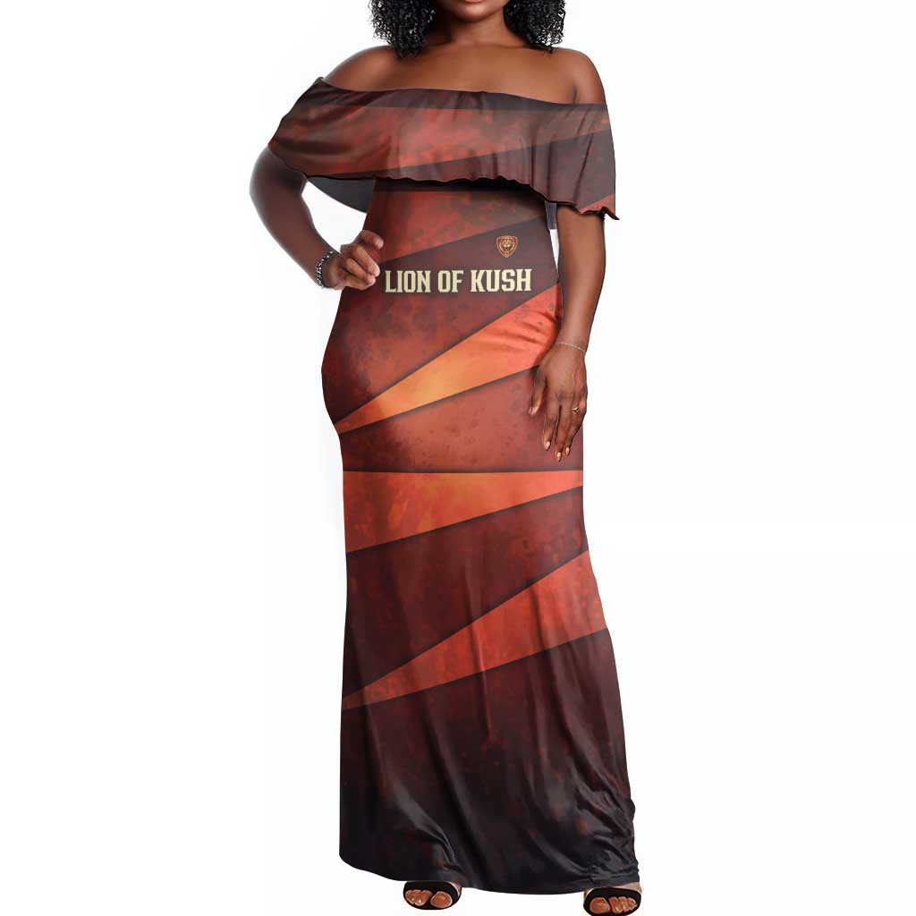 Taharqa Off Shoulder Maxi Dress with Warrior Portrait, Lion of Kush Title and Bold Red Defender of Africa - Wonder Print Shop