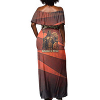 Taharqa Off Shoulder Maxi Dress with Warrior Portrait, Lion of Kush Title and Bold Red Defender of Africa - Wonder Print Shop