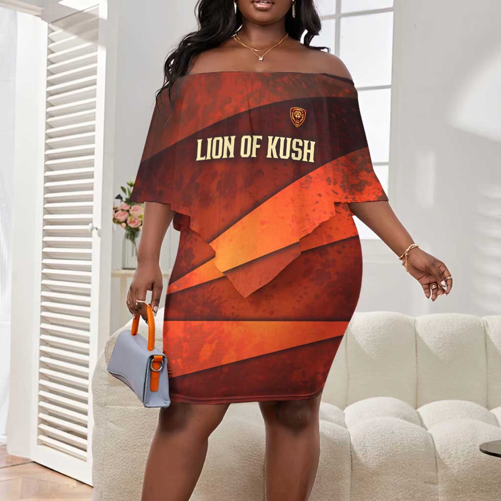 Taharqa Off Shoulder Short Dress with Warrior Portrait, Lion of Kush Title and Bold Red Defender of Africa - Wonder Print Shop
