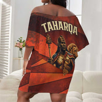 Taharqa Off Shoulder Short Dress with Warrior Portrait, Lion of Kush Title and Bold Red Defender of Africa - Wonder Print Shop