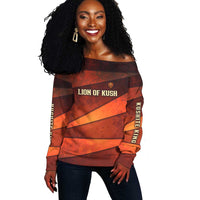 Taharqa Off Shoulder Sweater with Warrior Portrait, Lion of Kush Title and Bold Red Defender of Africa - Wonder Print Shop