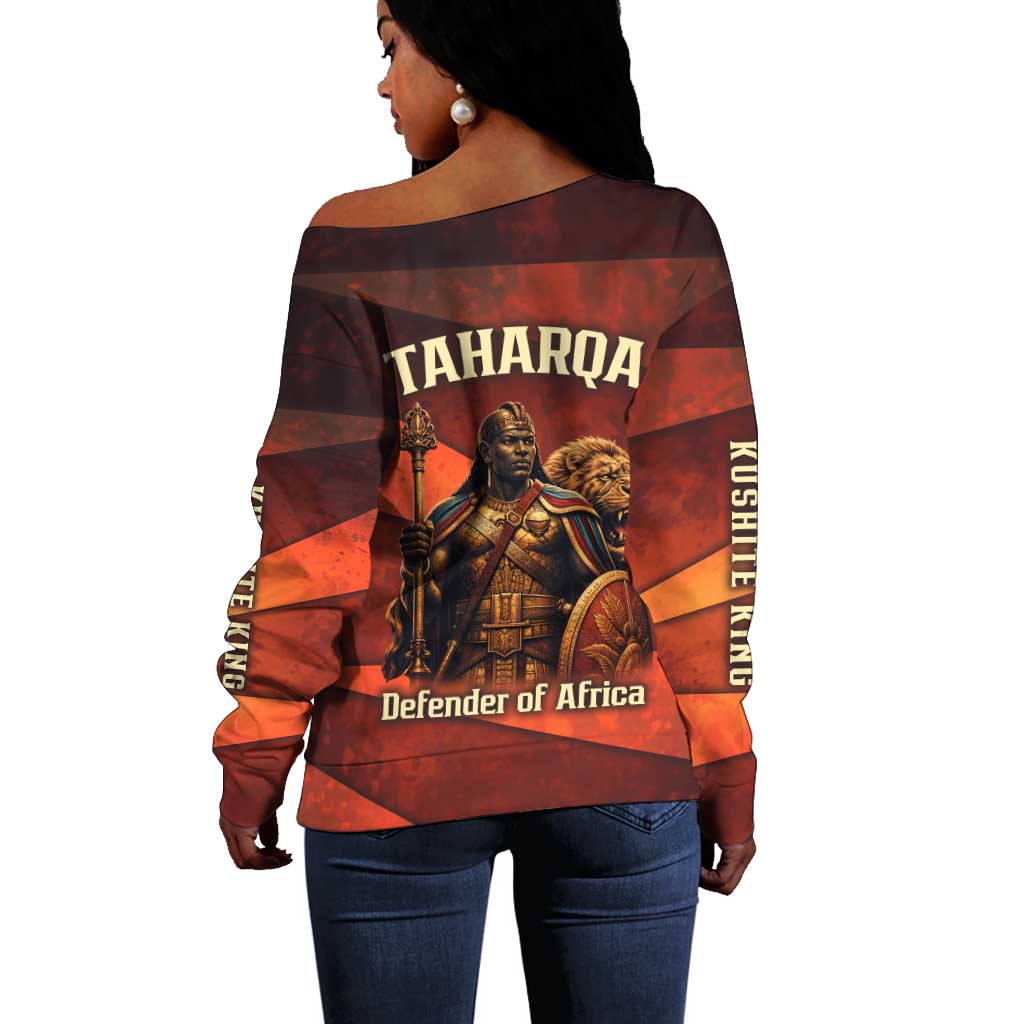 Taharqa Off Shoulder Sweater with Warrior Portrait, Lion of Kush Title and Bold Red Defender of Africa - Wonder Print Shop