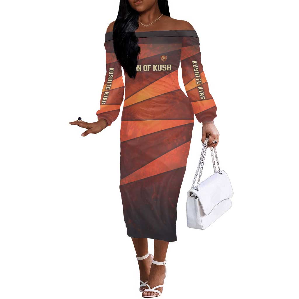 Taharqa Off The Shoulder Long Sleeve Dress with Warrior Portrait, Lion of Kush Title and Bold Red Defender of Africa - Wonder Print Shop