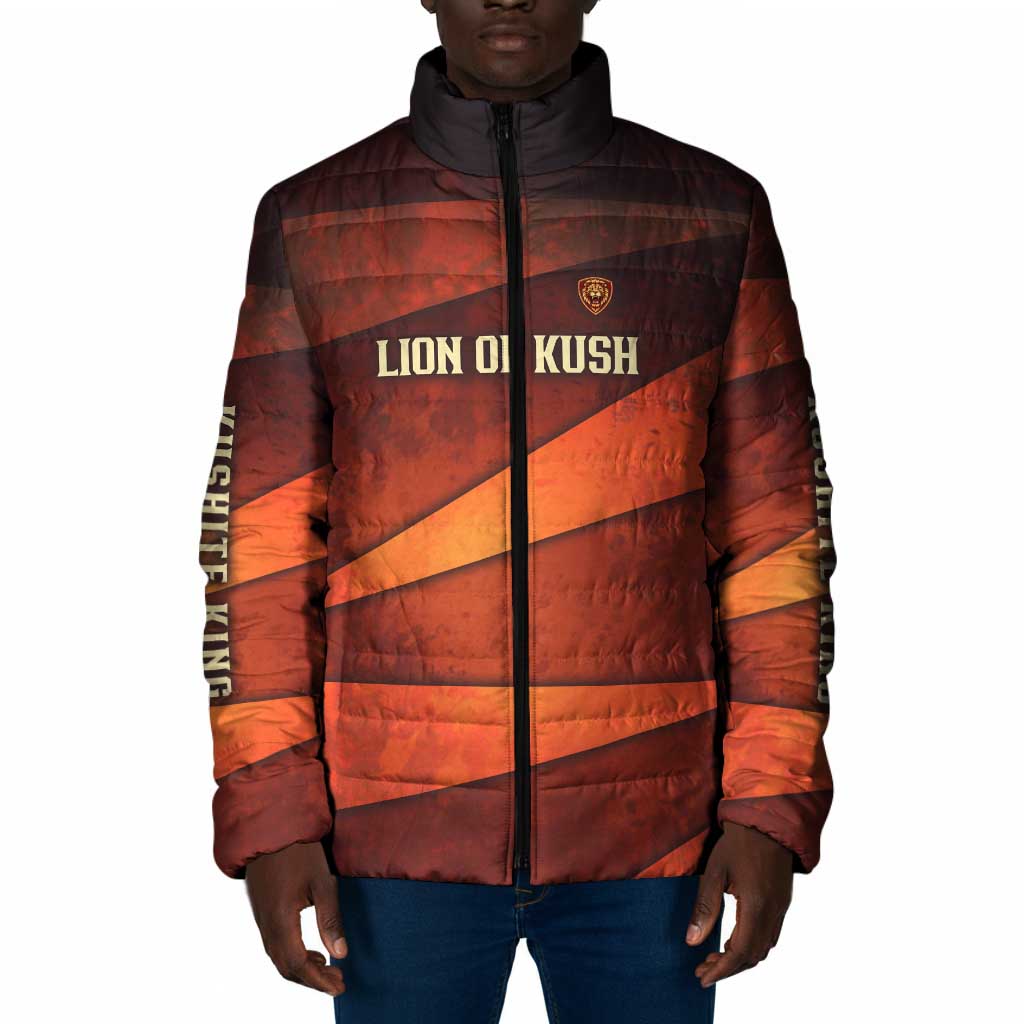 Taharqa Padded Jacket with Warrior Portrait, Lion of Kush Title and Bold Red Defender of Africa - Wonder Print Shop