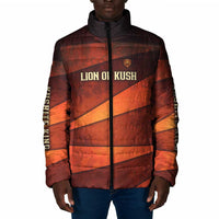 Taharqa Padded Jacket with Warrior Portrait, Lion of Kush Title and Bold Red Defender of Africa - Wonder Print Shop
