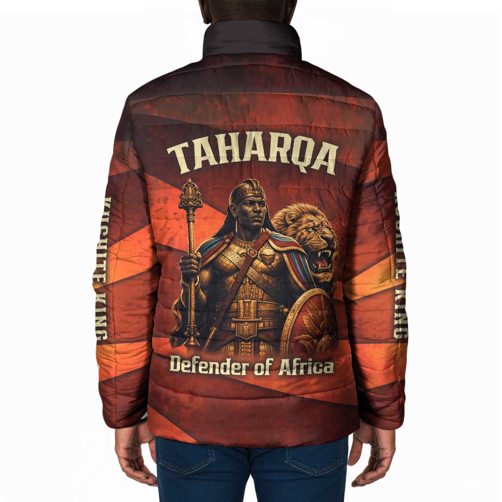Taharqa Padded Jacket with Warrior Portrait, Lion of Kush Title and Bold Red Defender of Africa - Wonder Print Shop
