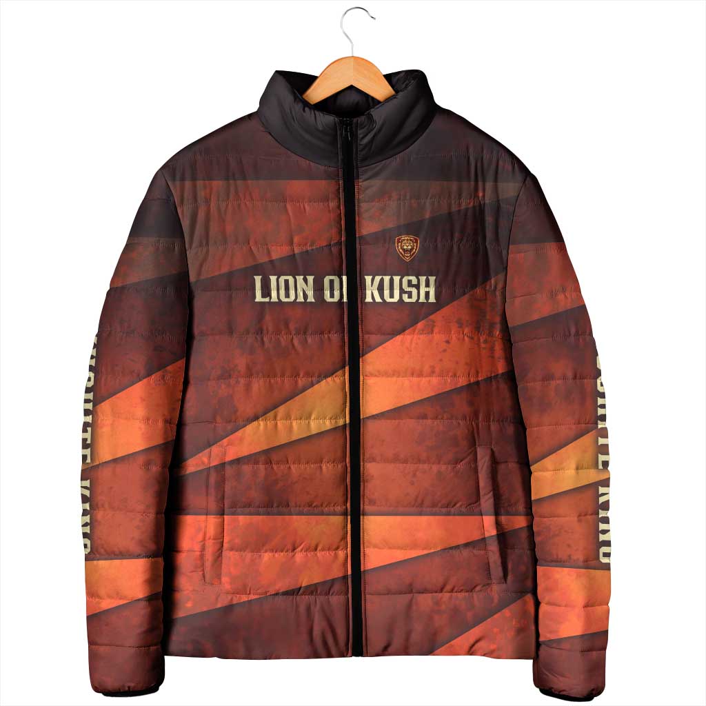 Taharqa Padded Jacket with Warrior Portrait, Lion of Kush Title and Bold Red Defender of Africa - Wonder Print Shop