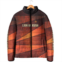Taharqa Padded Jacket with Warrior Portrait, Lion of Kush Title and Bold Red Defender of Africa - Wonder Print Shop