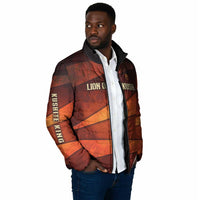 Taharqa Padded Jacket with Warrior Portrait, Lion of Kush Title and Bold Red Defender of Africa - Wonder Print Shop