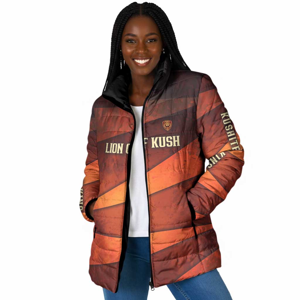 Taharqa Padded Jacket with Warrior Portrait, Lion of Kush Title and Bold Red Defender of Africa - Wonder Print Shop