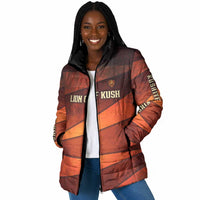 Taharqa Padded Jacket with Warrior Portrait, Lion of Kush Title and Bold Red Defender of Africa - Wonder Print Shop