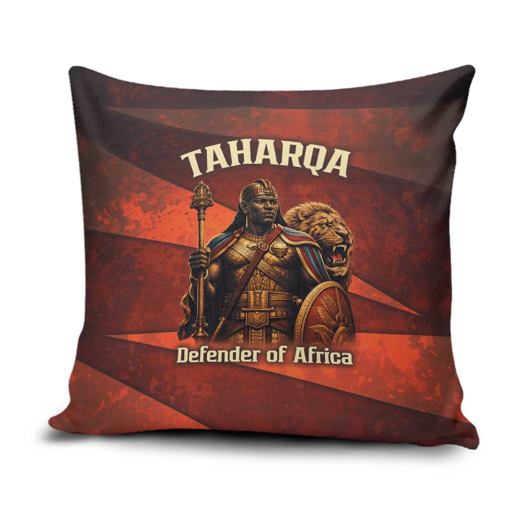 Taharqa Pillow Cover with Warrior Portrait, Lion of Kush Title and Bold Red Defender of Africa - Wonder Print Shop