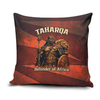 Taharqa Pillow Cover with Warrior Portrait, Lion of Kush Title and Bold Red Defender of Africa - Wonder Print Shop