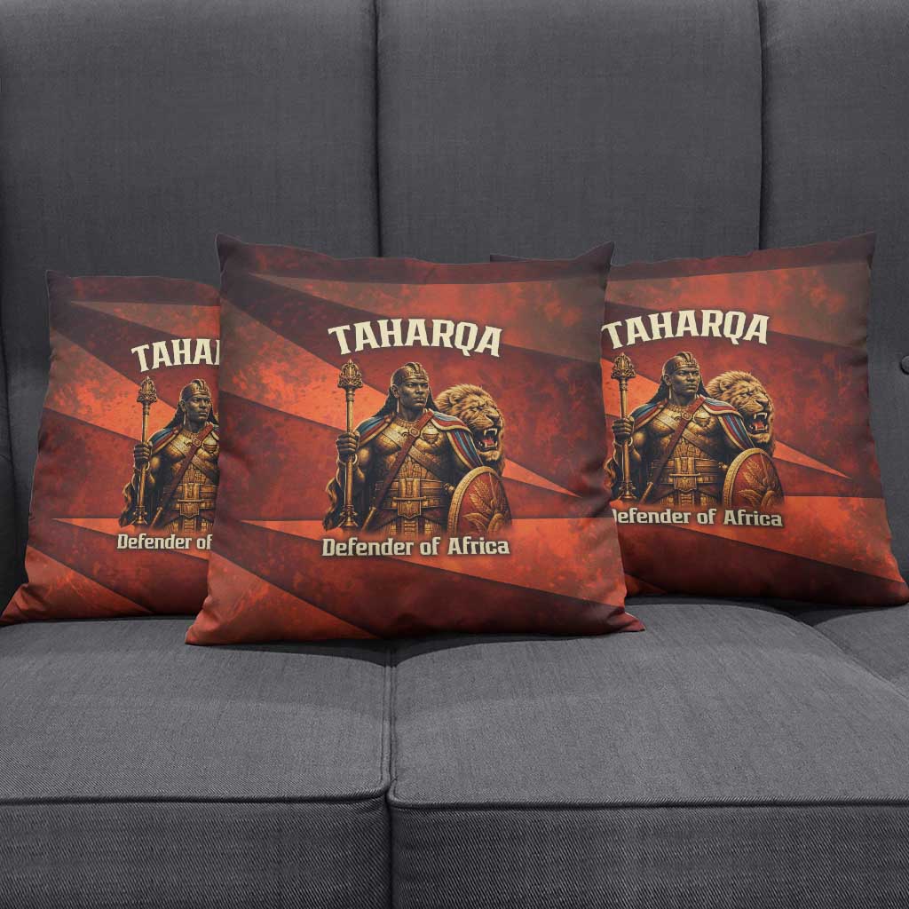 Taharqa Pillow Cover with Warrior Portrait, Lion of Kush Title and Bold Red Defender of Africa - Wonder Print Shop