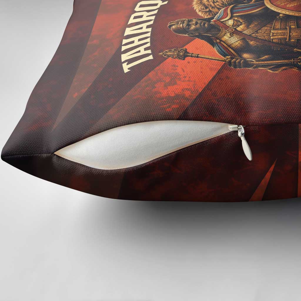 Taharqa Pillow Cover with Warrior Portrait, Lion of Kush Title and Bold Red Defender of Africa - Wonder Print Shop
