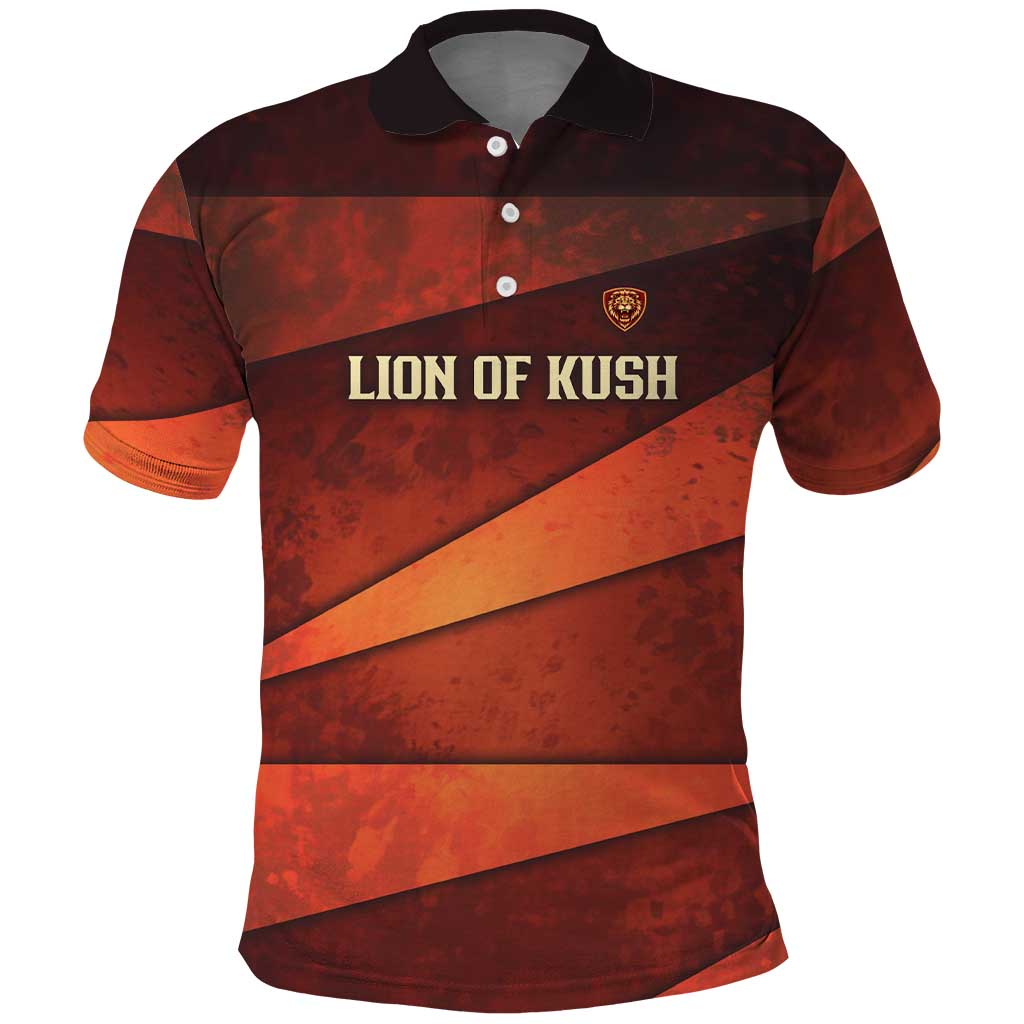 Taharqa Polo Shirt with Warrior Portrait, Lion of Kush Title and Bold Red Defender of Africa - Wonder Print Shop