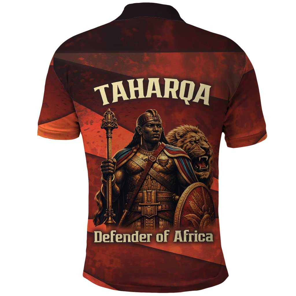 Taharqa Polo Shirt with Warrior Portrait, Lion of Kush Title and Bold Red Defender of Africa - Wonder Print Shop