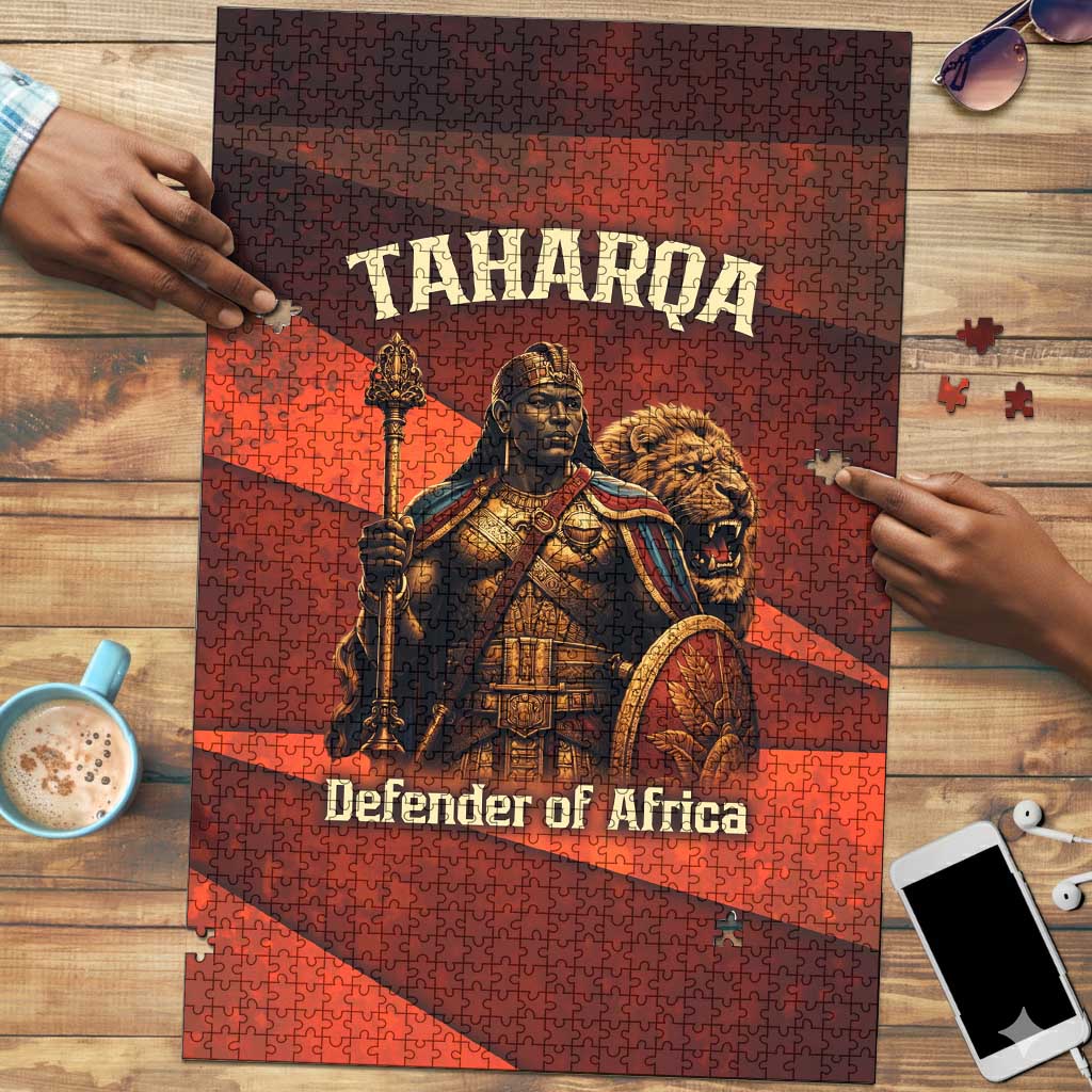 Taharqa Puzzle with Warrior Portrait, Lion of Kush Title and Bold Red Defender of Africa - Wonder Print Shop