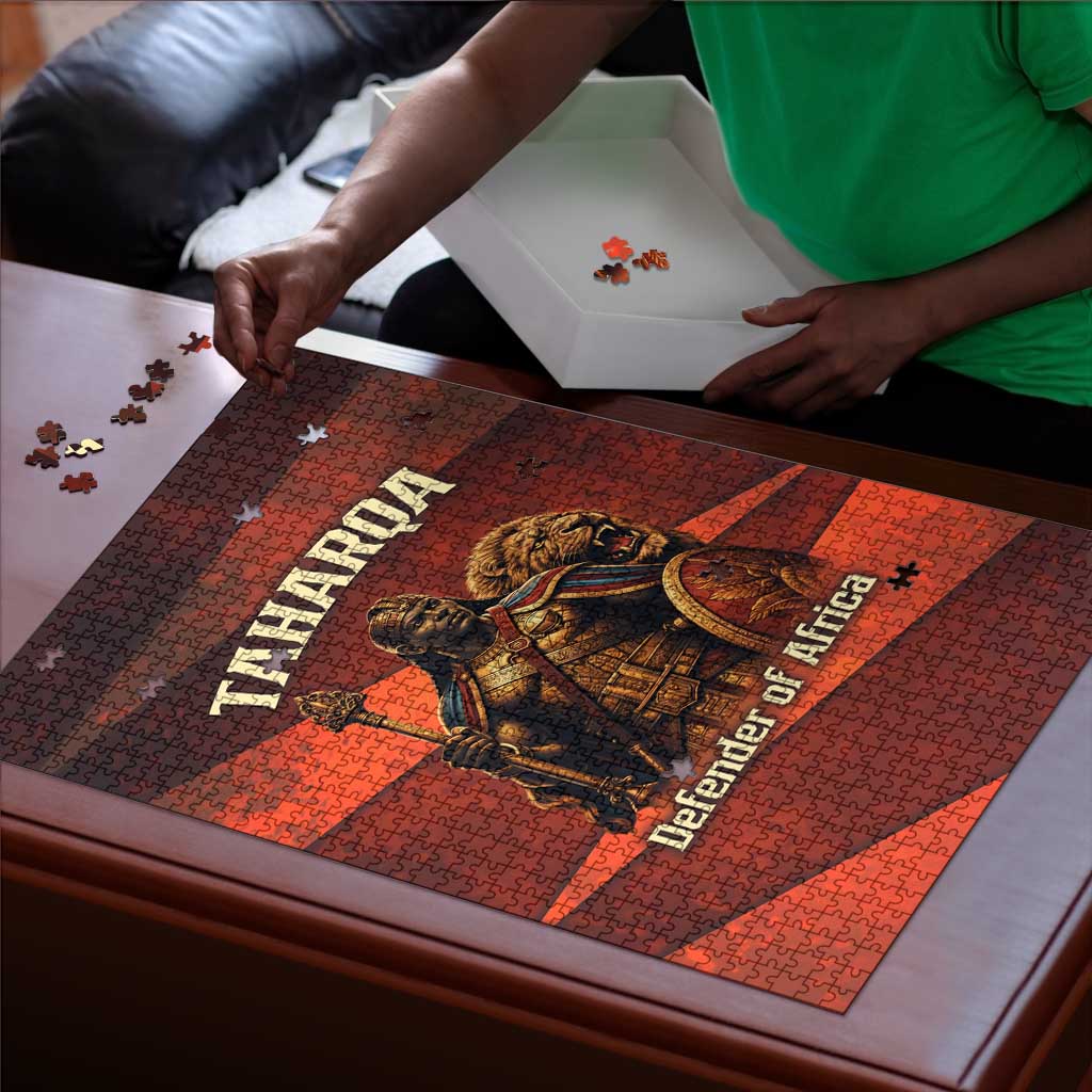 Taharqa Puzzle with Warrior Portrait, Lion of Kush Title and Bold Red Defender of Africa - Wonder Print Shop