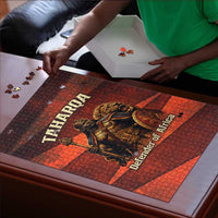 Taharqa Puzzle with Warrior Portrait, Lion of Kush Title and Bold Red Defender of Africa - Wonder Print Shop
