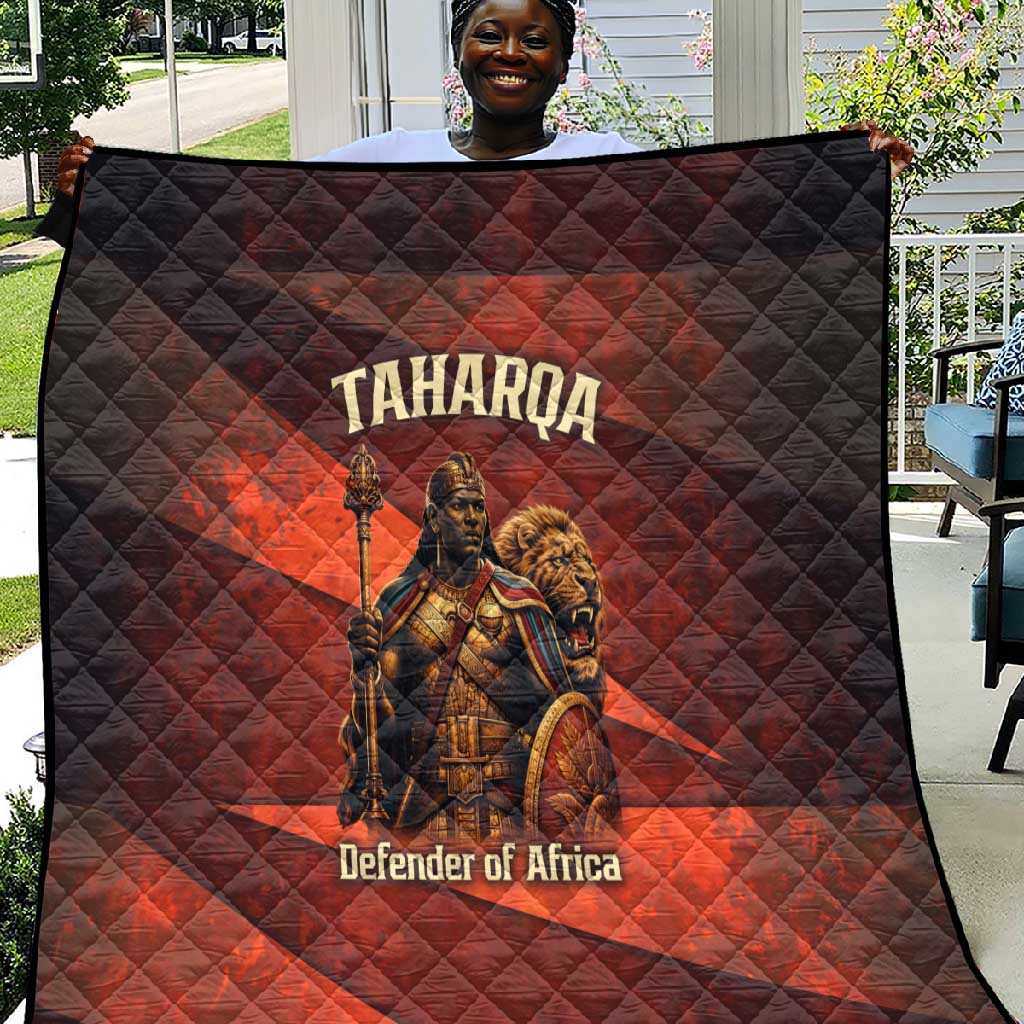 Taharqa Quilt with Warrior Portrait, Lion of Kush Title and Bold Red Defender of Africa - Wonder Print Shop