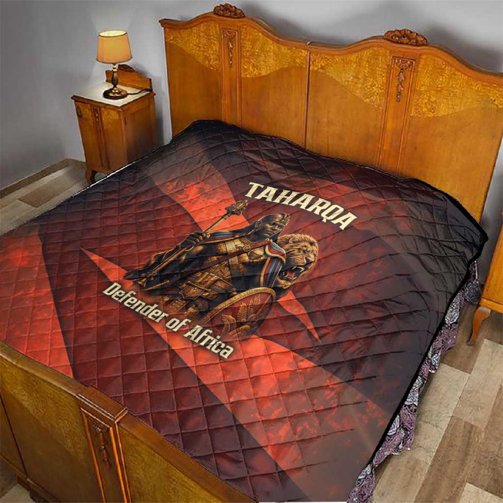 Taharqa Quilt with Warrior Portrait, Lion of Kush Title and Bold Red Defender of Africa - Wonder Print Shop