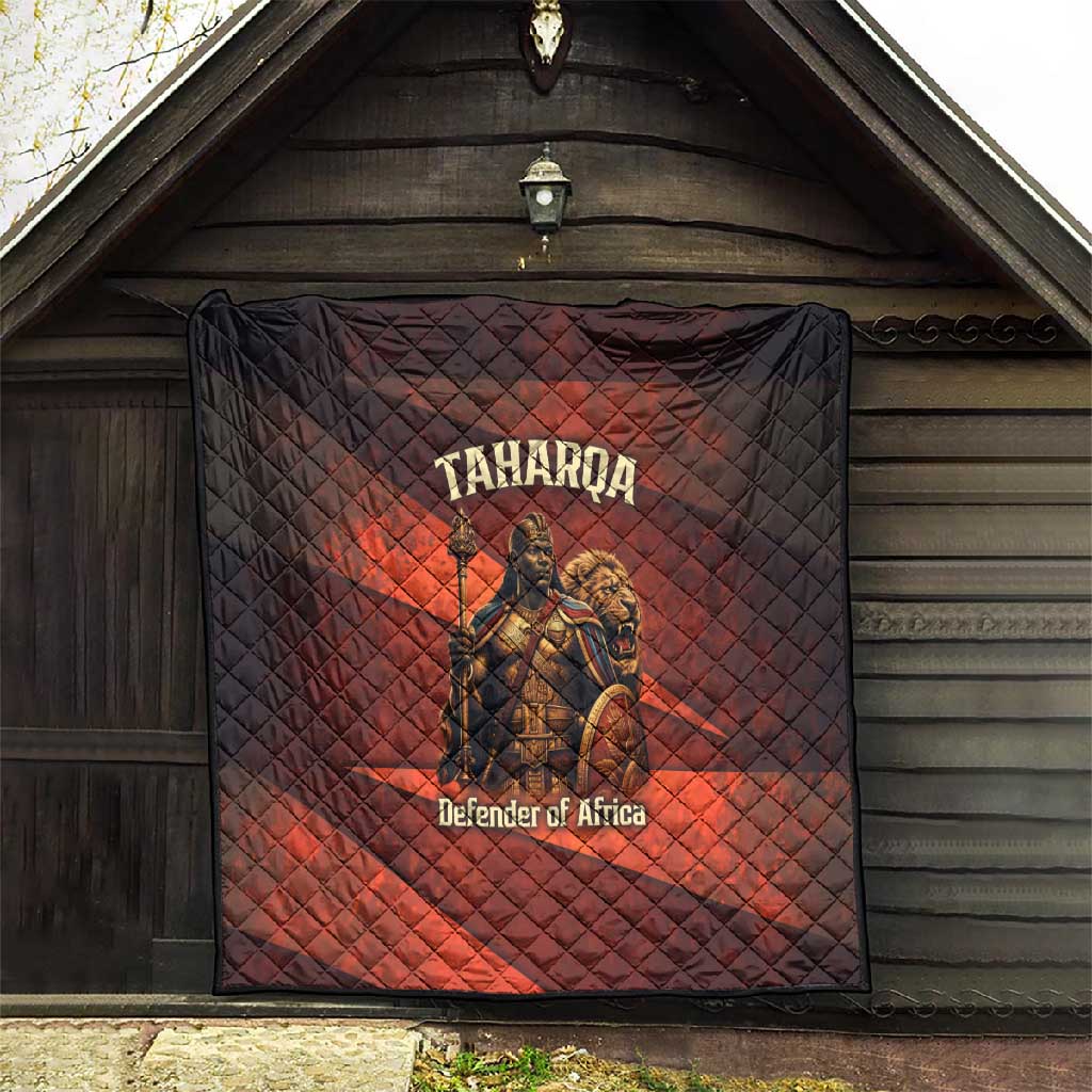 Taharqa Quilt with Warrior Portrait, Lion of Kush Title and Bold Red Defender of Africa - Wonder Print Shop