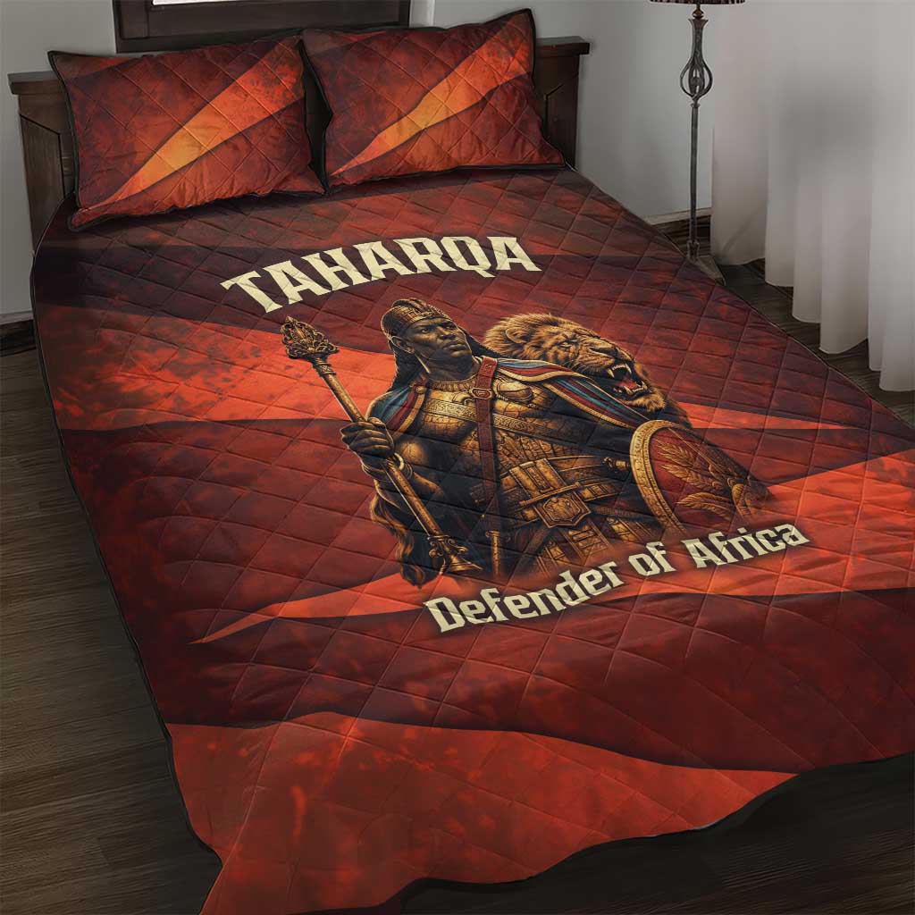 Taharqa Quilt Bed Set with Warrior Portrait, Lion of Kush Title and Bold Red Defender of Africa - Wonder Print Shop