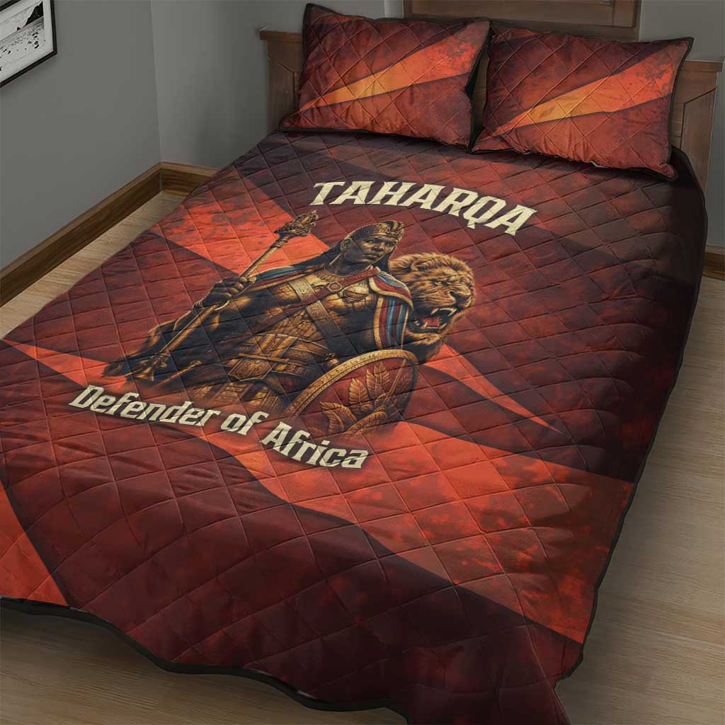 Taharqa Quilt Bed Set with Warrior Portrait, Lion of Kush Title and Bold Red Defender of Africa - Wonder Print Shop