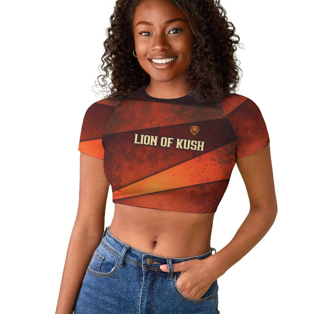 Taharqa Raglan Cropped T shirt with Warrior Portrait, Lion of Kush Title and Bold Red Defender of Africa - Wonder Print Shop