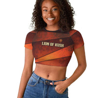 Taharqa Raglan Cropped T shirt with Warrior Portrait, Lion of Kush Title and Bold Red Defender of Africa - Wonder Print Shop