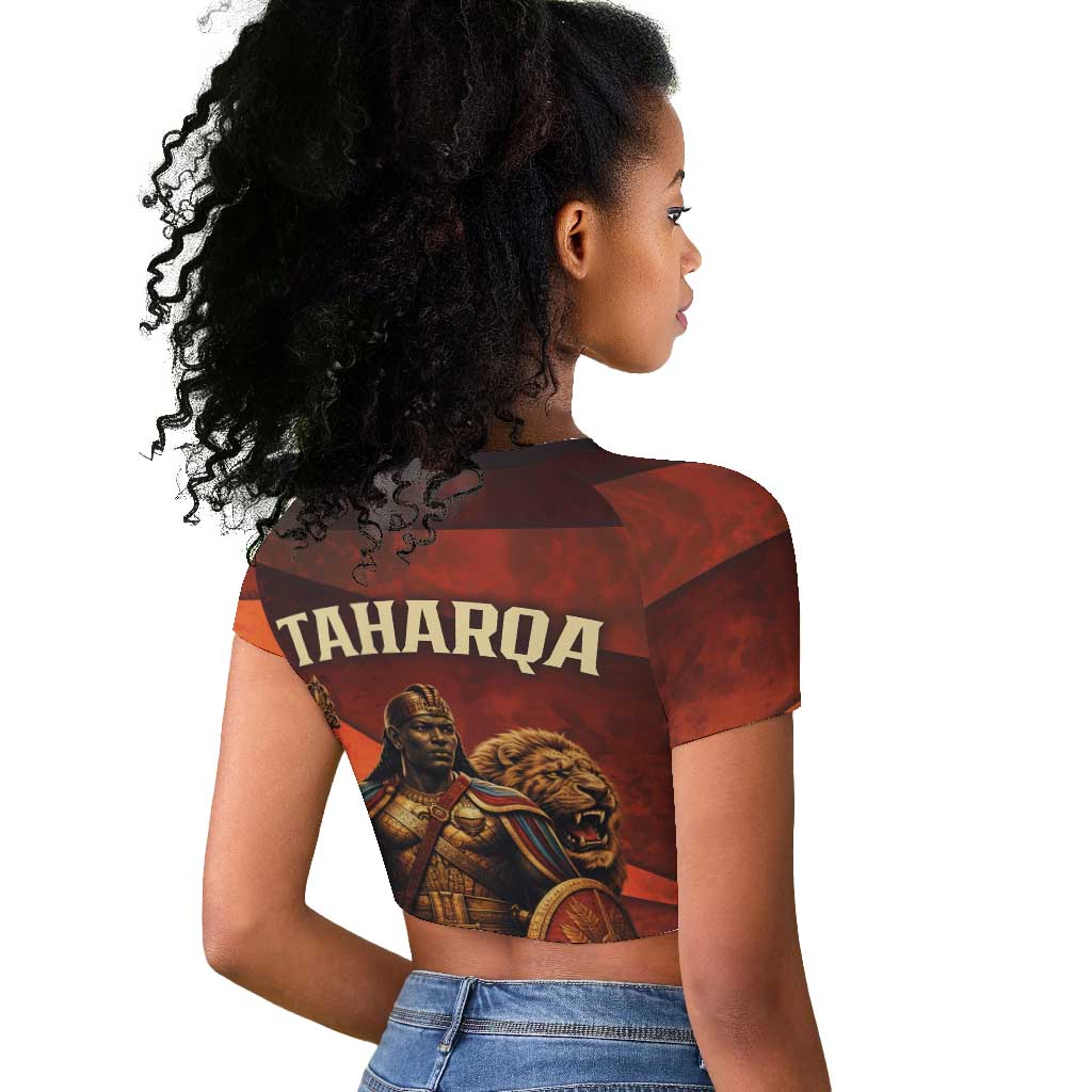Taharqa Raglan Cropped T shirt with Warrior Portrait, Lion of Kush Title and Bold Red Defender of Africa - Wonder Print Shop